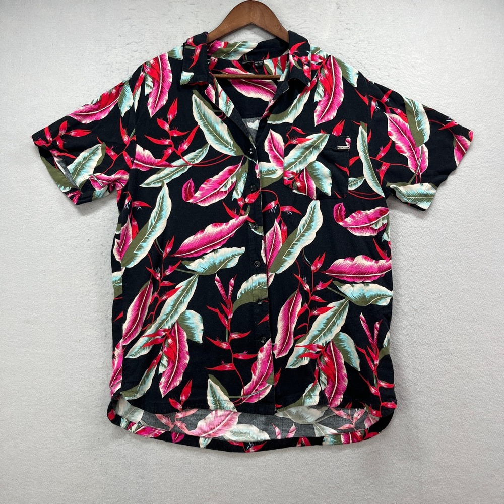 Volcom Button Up Shirt Womens Small Black Pink Tropical Floral Short Sleeve Surf